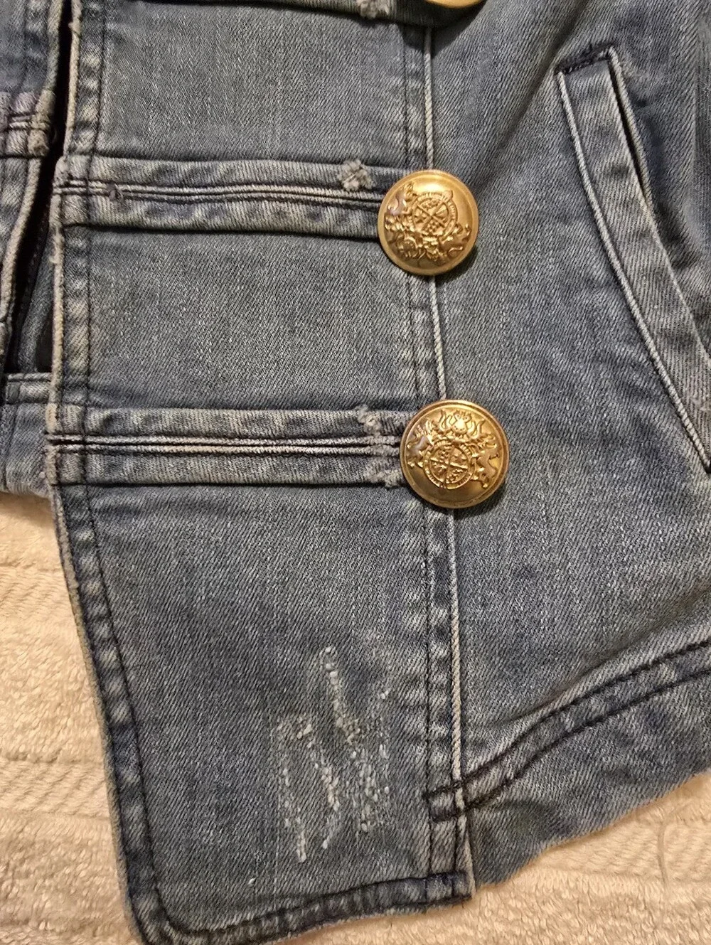Free People Distressed Denim Military Jacket Gold Buttons Small - Picture 6 of 16